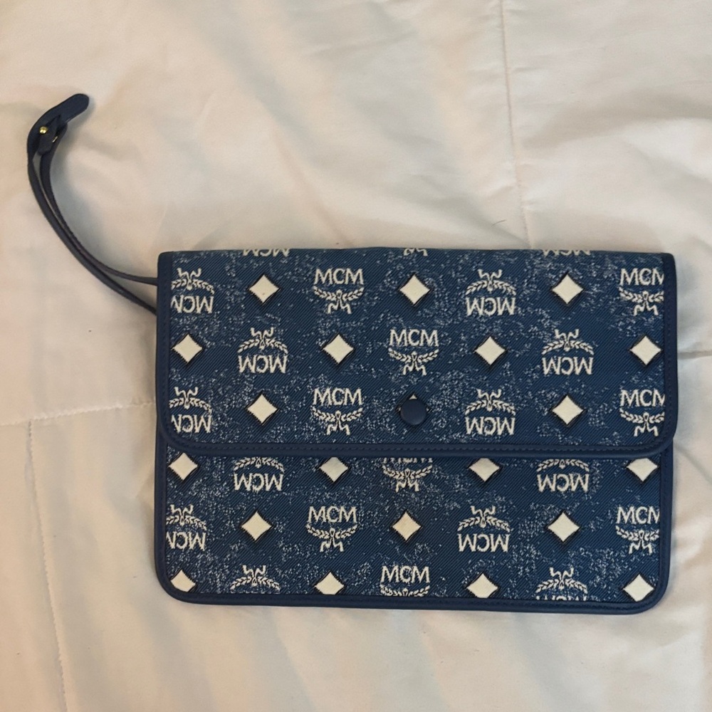 Authentic MCM Navy and Cream Wristlet